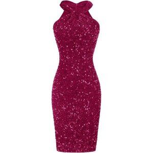 Womens Sequin Dress Sleeveless Sparkly Glitter Halter Red Pink